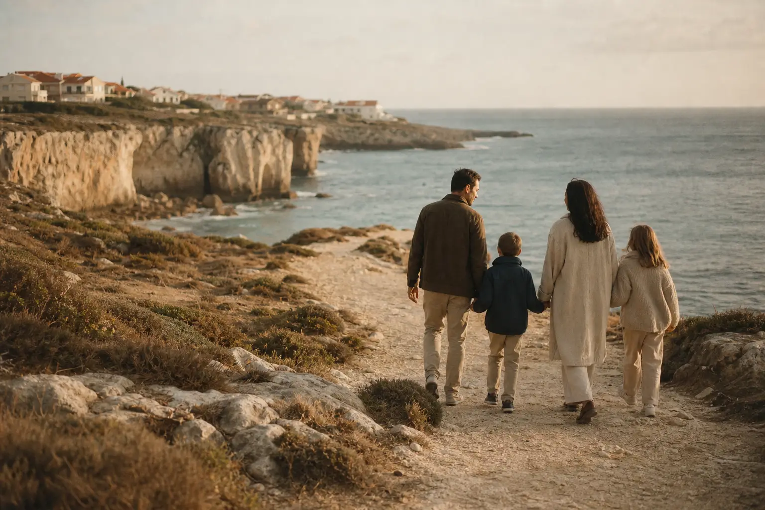 A family walking a coastal path above the Atlantic on the Lisbon Coast