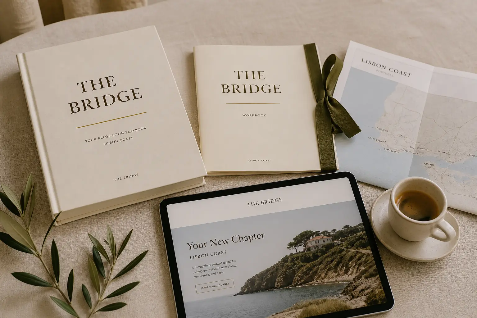 The Bridge Family Kit — Homebook, Workbook and local tools styled as a premium editorial set
